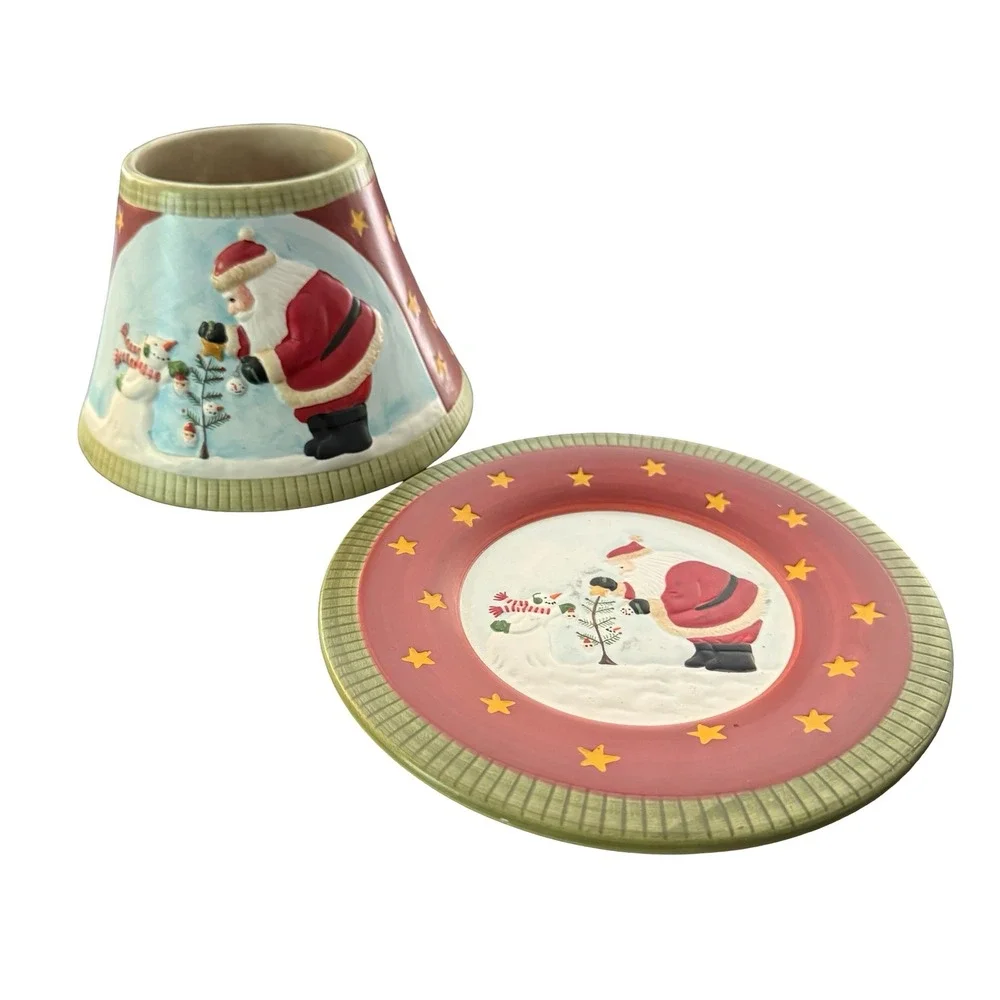 Yankee Candle Jar Candle Topper Shade Tray Plate Set Santa Snowman Trimming Tree